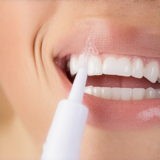Person using a water flosser on the low setting to clean the gum line.