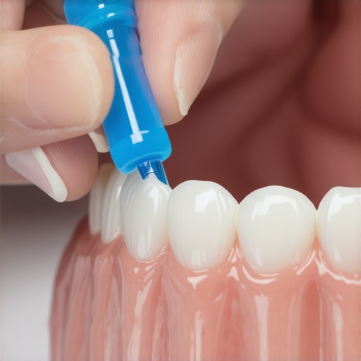 Using a bridge threader correctly A person demonstrating the use of a dental bridge threader for oral hygiene.