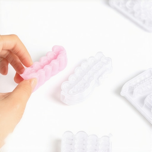 Close up of person using a silicone chewie to seat their Invisalign tray properly.