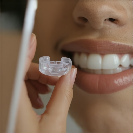 Clear dental aligner being held near a mirror
